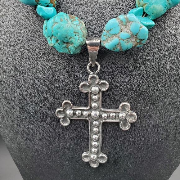 Sterling silver cross with turquoise and turquoise howlite  nuggets - Picture 2 of 7